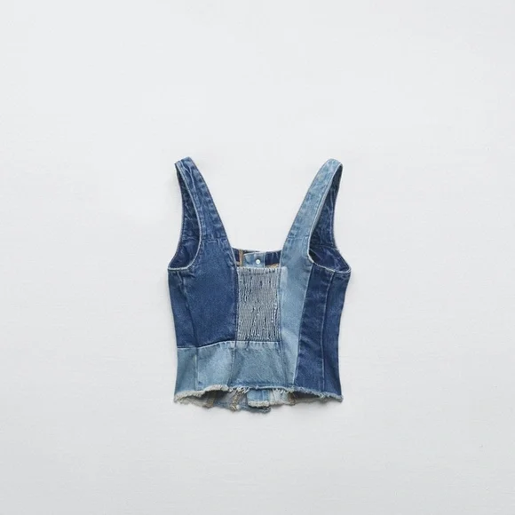Zara TRF PATCHWORK DENIM TOP BLUE - Picture 3 of 5